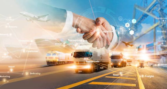 Smart logistics and transportation. Handshake for successful of investment deal teamwork and partnership business partners on logistic global network distribution. Business of transport industrial.
